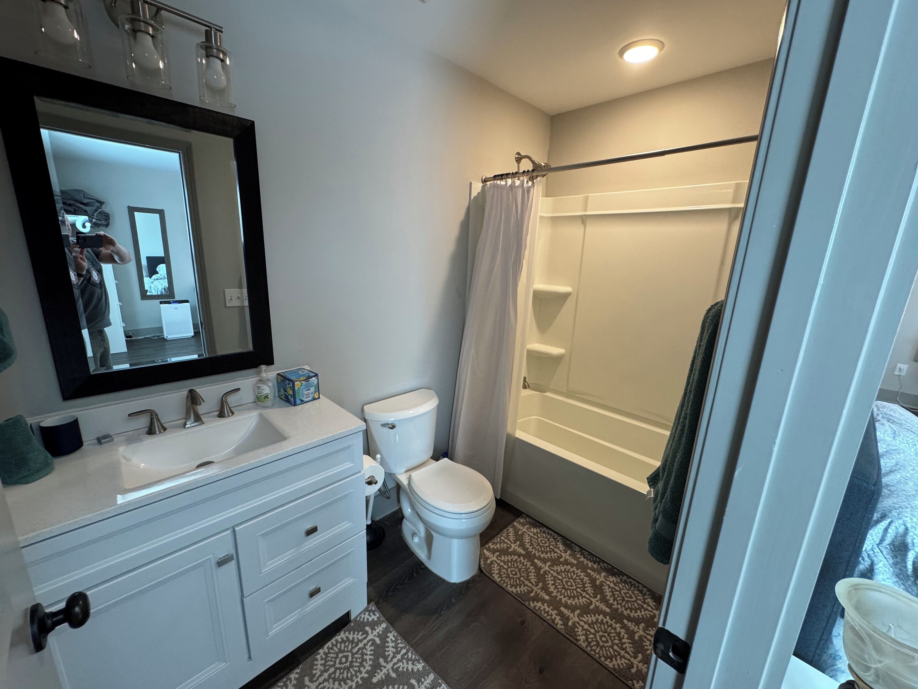 Hair dryer, towels, soap, toilet paper