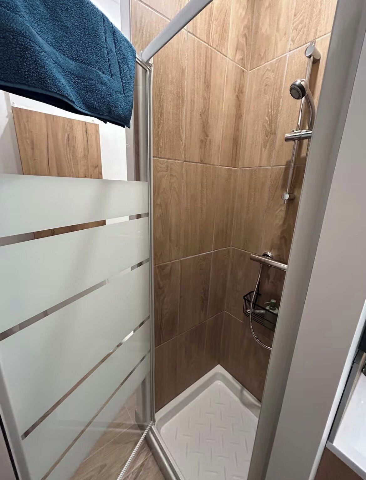 A shower with a handheld showerhead, a glass door, and a wooden floor.