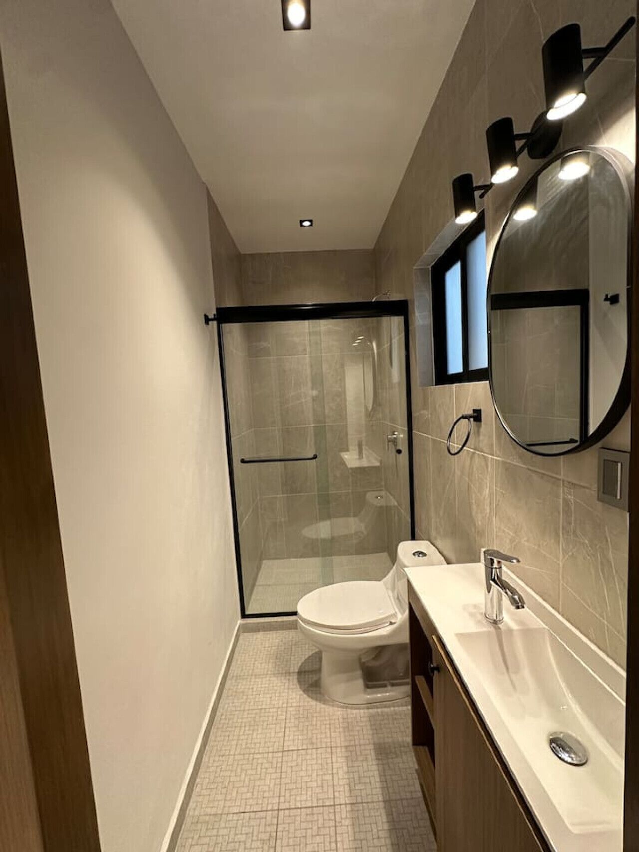 A modern bathroom with a glass-enclosed shower, a toilet, a sink with a mirror, and a ceiling light.