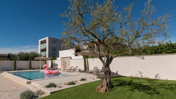 A swimming pool with a pink flamingo float, a tree, and a modern building in the background. - Comfort Villa Roza in Umag - 5 Bedroom With Pool (Umag)