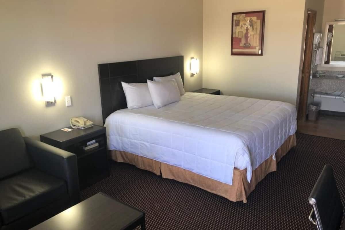 A hotel room with a large bed, a bedside table with a lamp, a chair, and a small desk.