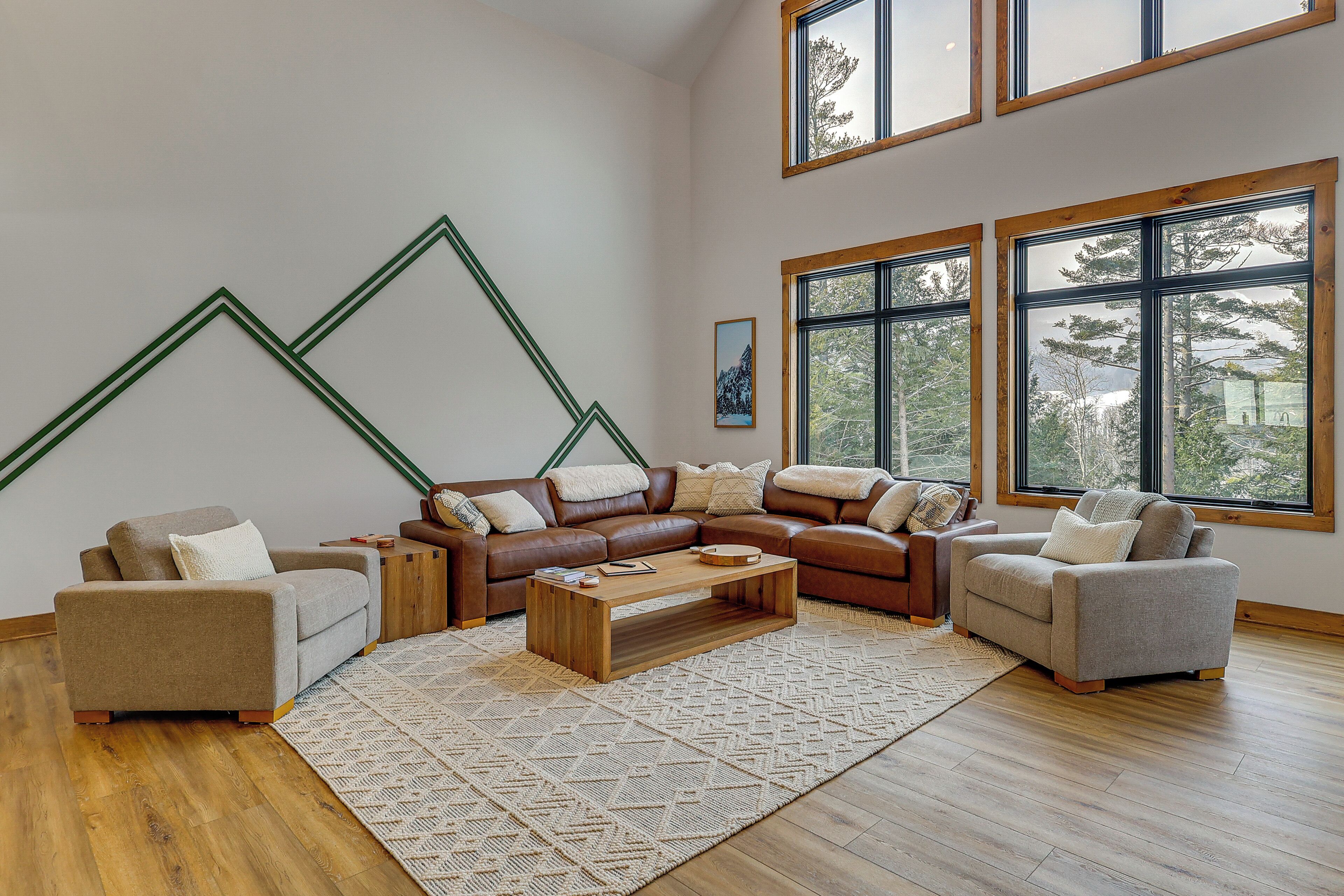 TV, fireplace, books, stereo