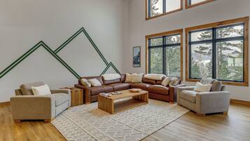 TV, fireplace, books, stereo