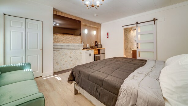 Quarto com cama grande, sofá verde, cozinha compacta e porta deslizante.