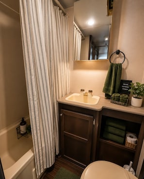 Hair dryer, towels, soap, toilet paper