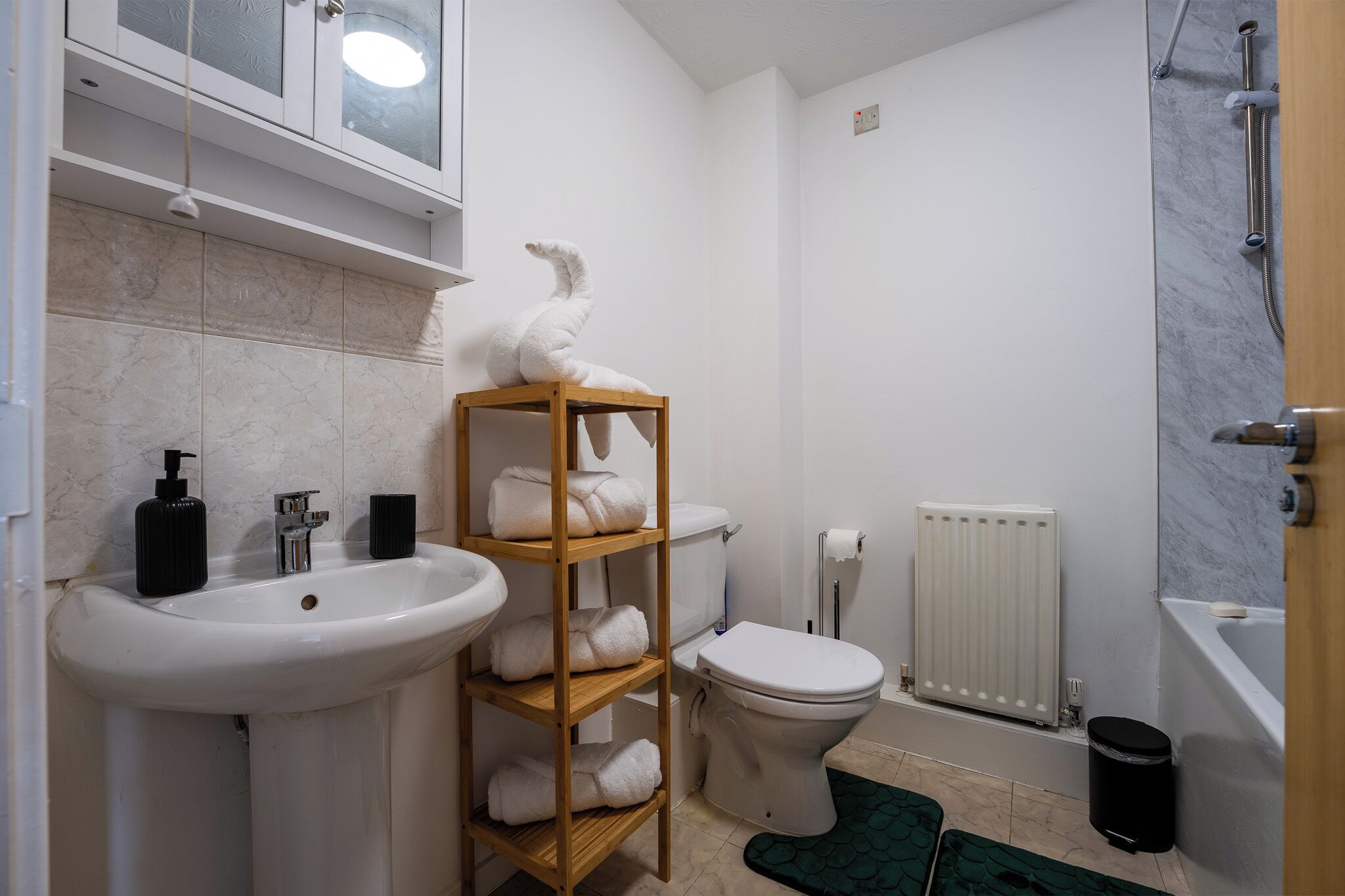 Hair dryer, towels, soap, toilet paper
