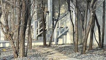 Un bâtiment en pierre avec un escalier en métal, entouré d’arbres et de gravier.