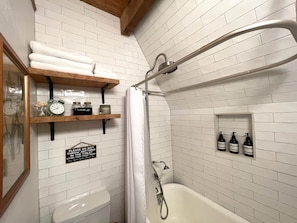 Hair dryer, towels, shampoo