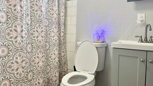 A bathroom with a patterned shower curtain, a toilet with a blue light, a sink, and a mirror above the mirror. - 3 Queen Beds*Near BU & Hospitals*Crews Welcome (Johnson City)
