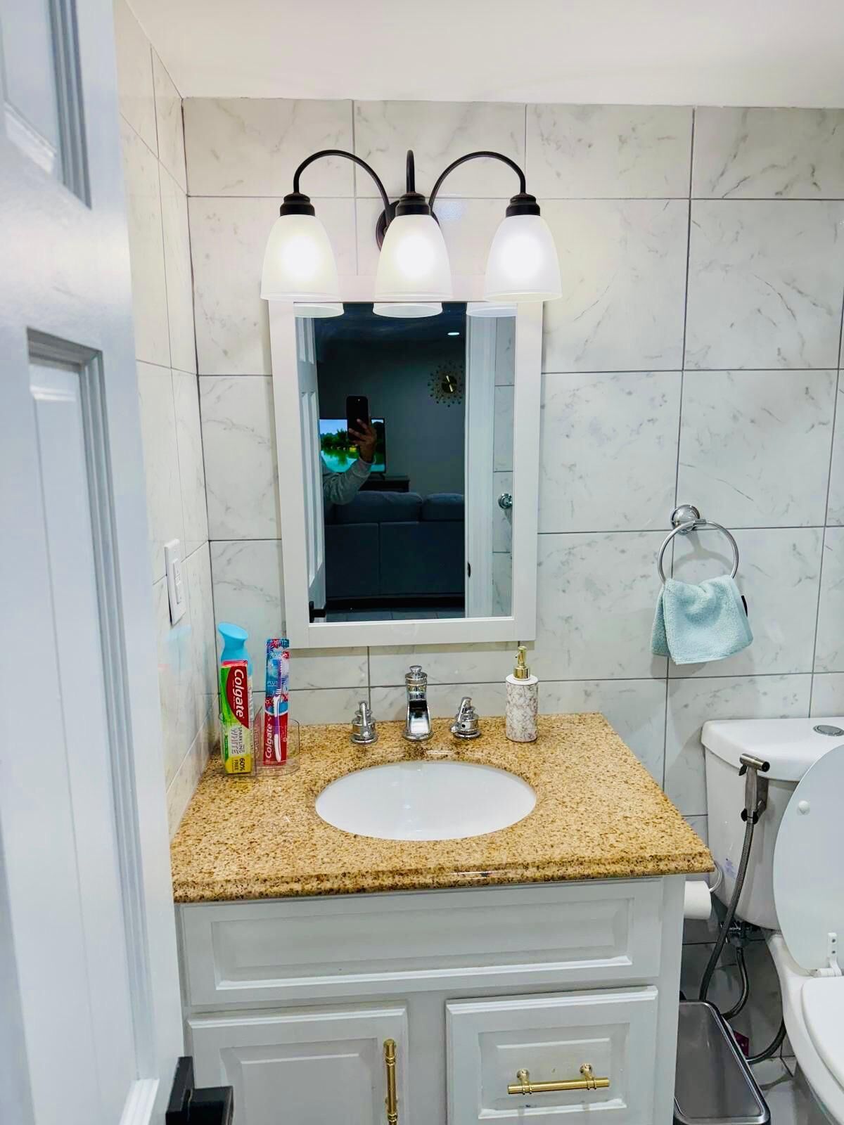 Bidet, towels, soap, toilet paper
