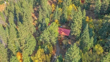 Een luchtbeeld van een bebost gebied met een gebouw met rode daken, omringd door dichte bomen.