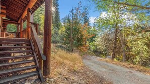 Eine Holzhütte mit einer Treppe, die zu einer Veranda führt, umgeben von bewaldetem Gelände mit einem unbefestigten Weg.