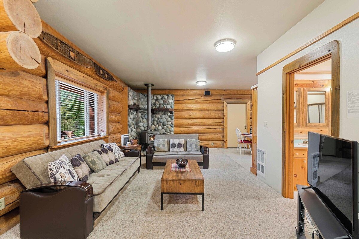 A log cabin interior with a sofa, coffee table, fireplace, and television.