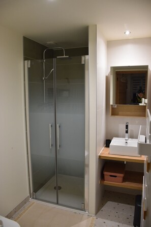 Shower, hair dryer, towels, toilet paper