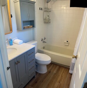 Hair dryer, towels, shampoo, toilet paper