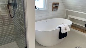 Hair dryer, towels, soap, shampoo