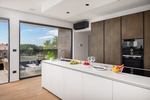 Eine moderne Küche mit einer großen Kochinsel, einem Bosch-Backofen und Blick ins Freie.