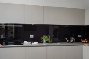 Een moderne keuken met een groot raam, een spoelbak en een aanrecht met een plant en een fruitschaal.