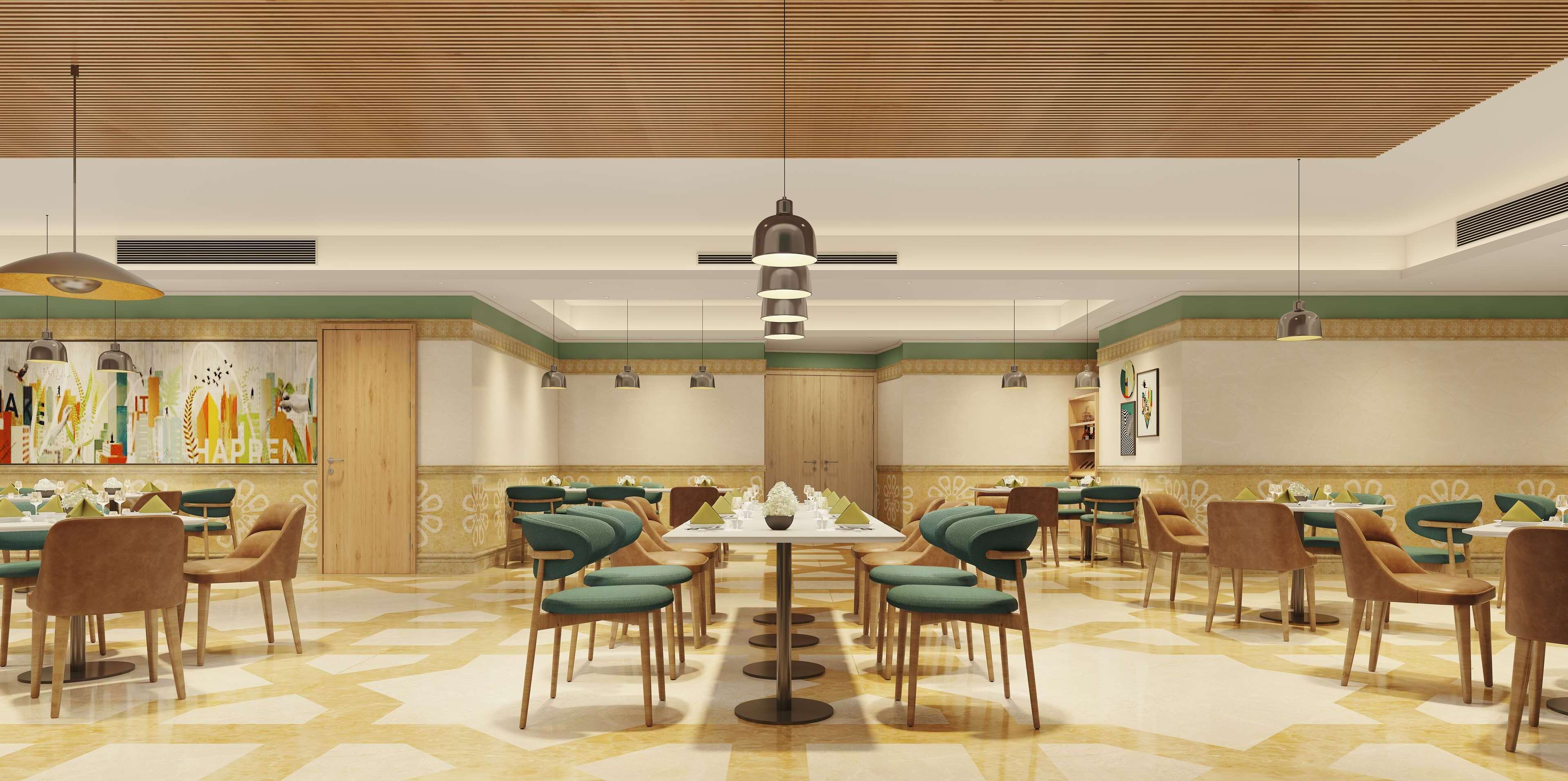 A spacious dining area with multiple tables and chairs, a central chandelier, and decorative wall panels.