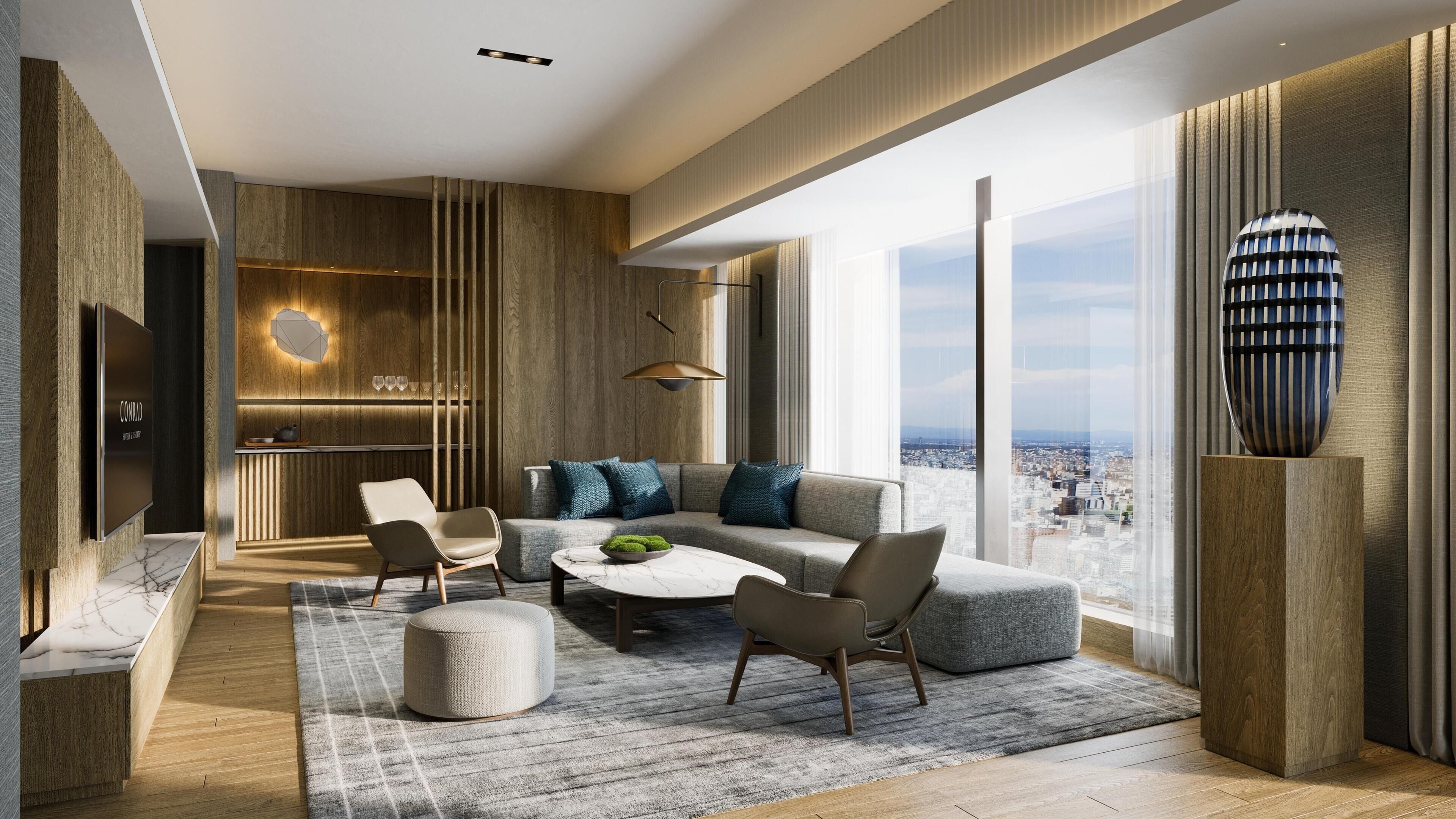 Premium Suite, 1 King Bed, Corner | Living area | 55-inch flat-screen TV with digital channels