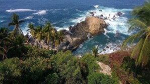 Un paisaje costero con afloramientos rocosos, palmeras y una vista despejada del océano.