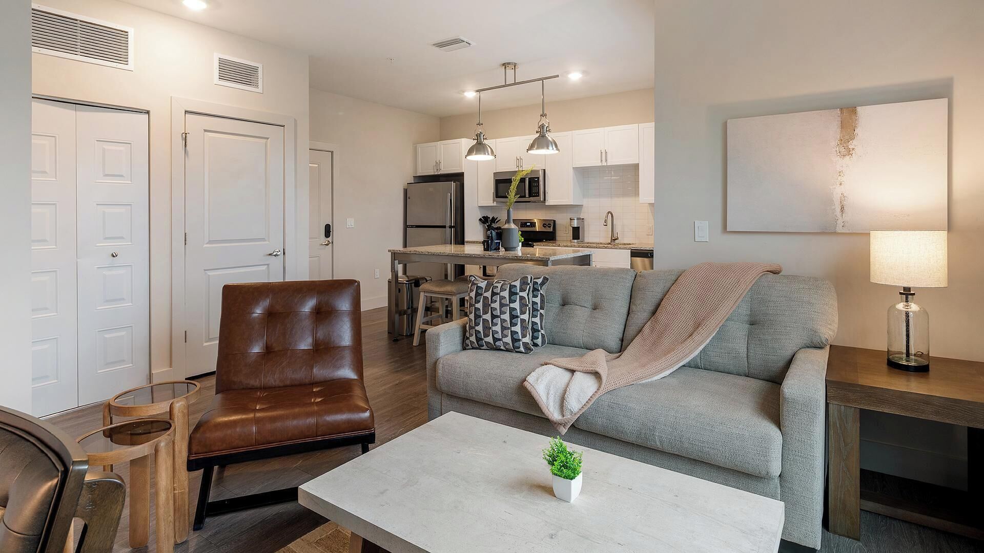 A modern living room with a leather chair, grey sofa, and a small table with a plant.