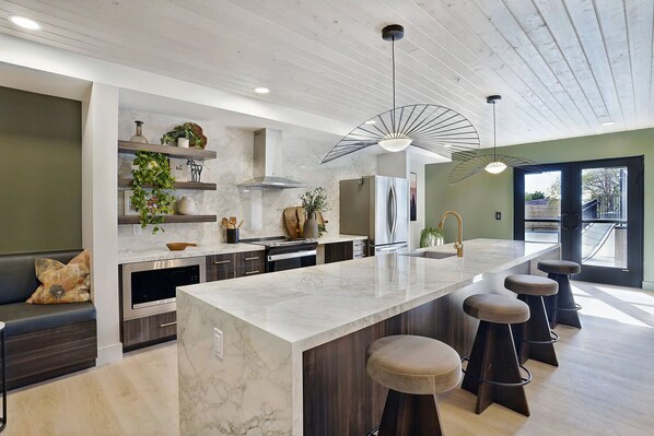 Fridge, dining tables