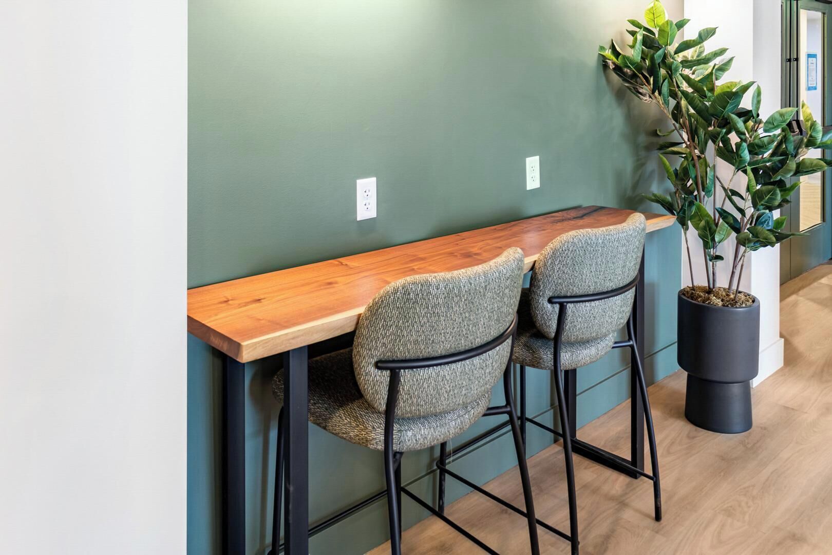 A wooden bar counter with two upholstered chairs, a potted plant, and a green wall with a power outlet.