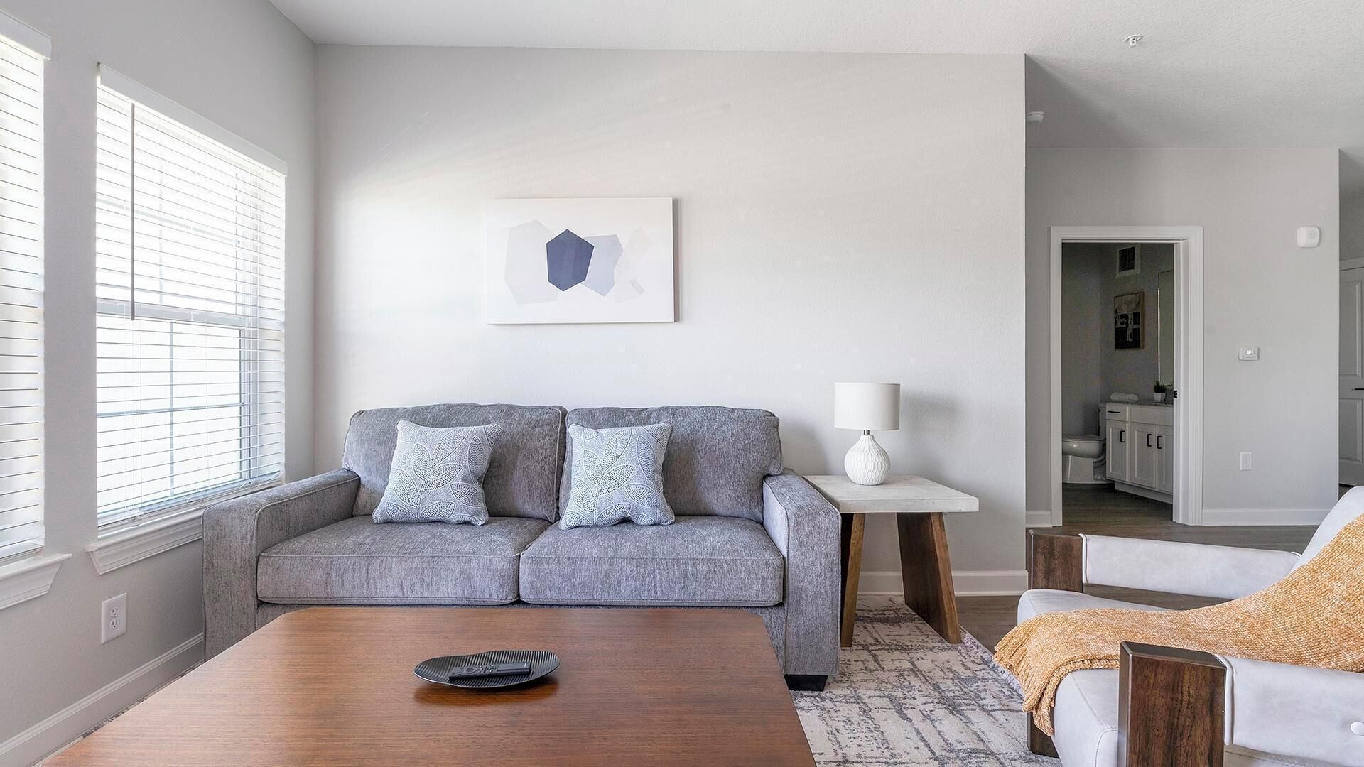 Una sala de estar moderna con un sofá gris, una mesa de centro y una lámpara.