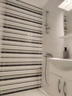Dusche, Haartrockner, Handtücher, Seife