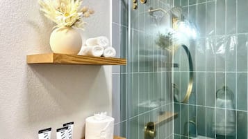 Hair dryer, towels, soap, toilet paper