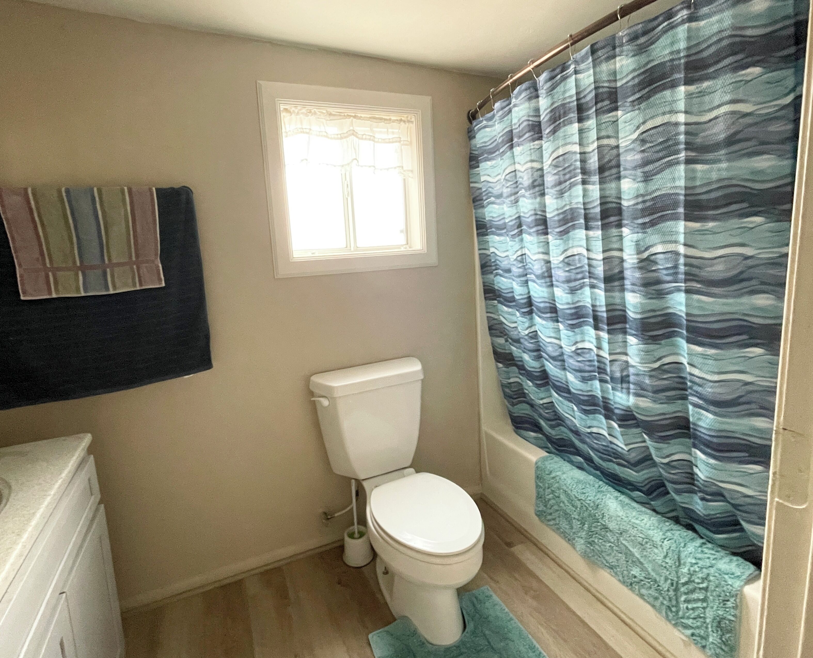 Secador de cabelo, toalhas de banho, sabonete, papel higiênico