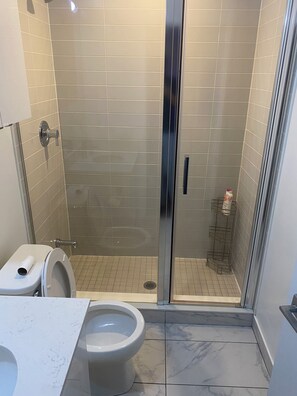 Shower, towels, soap, toilet paper