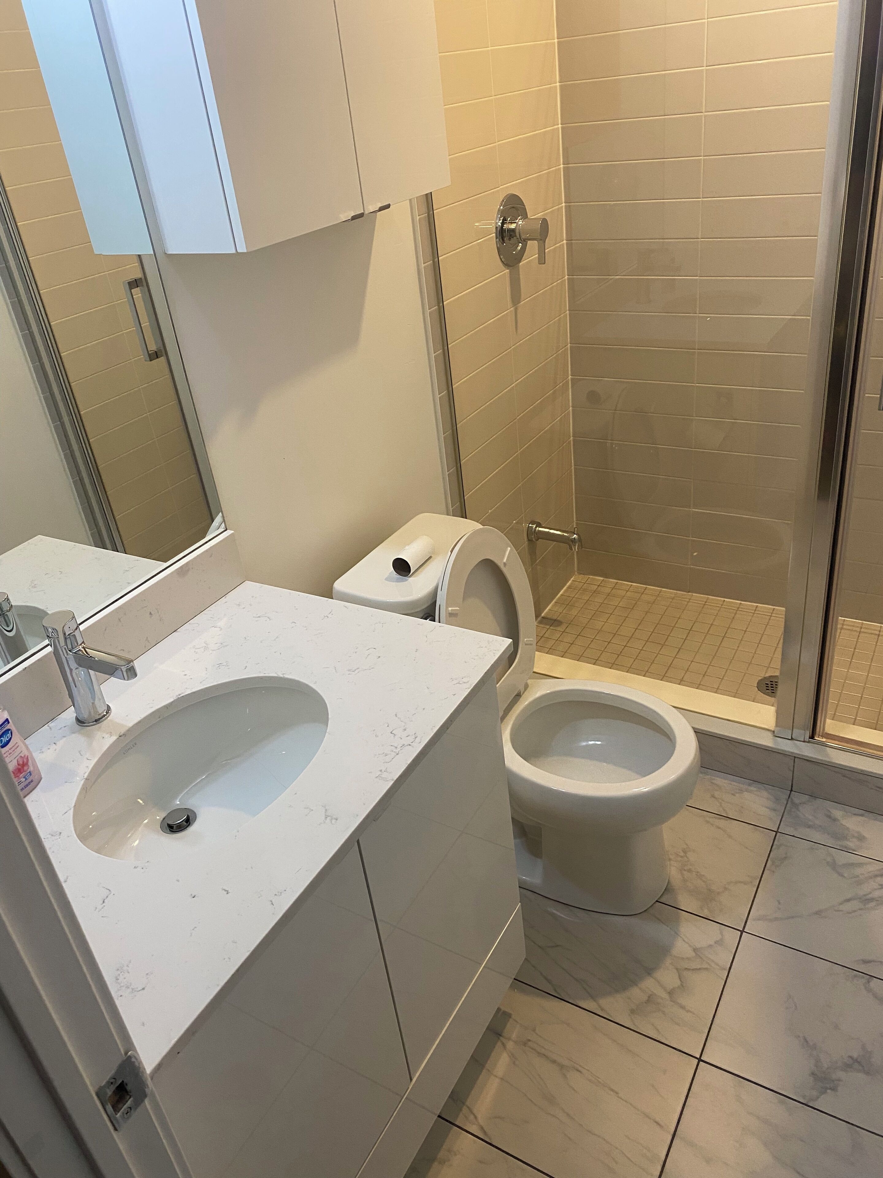 Doccia, asciugamani, sapone, carta igienica