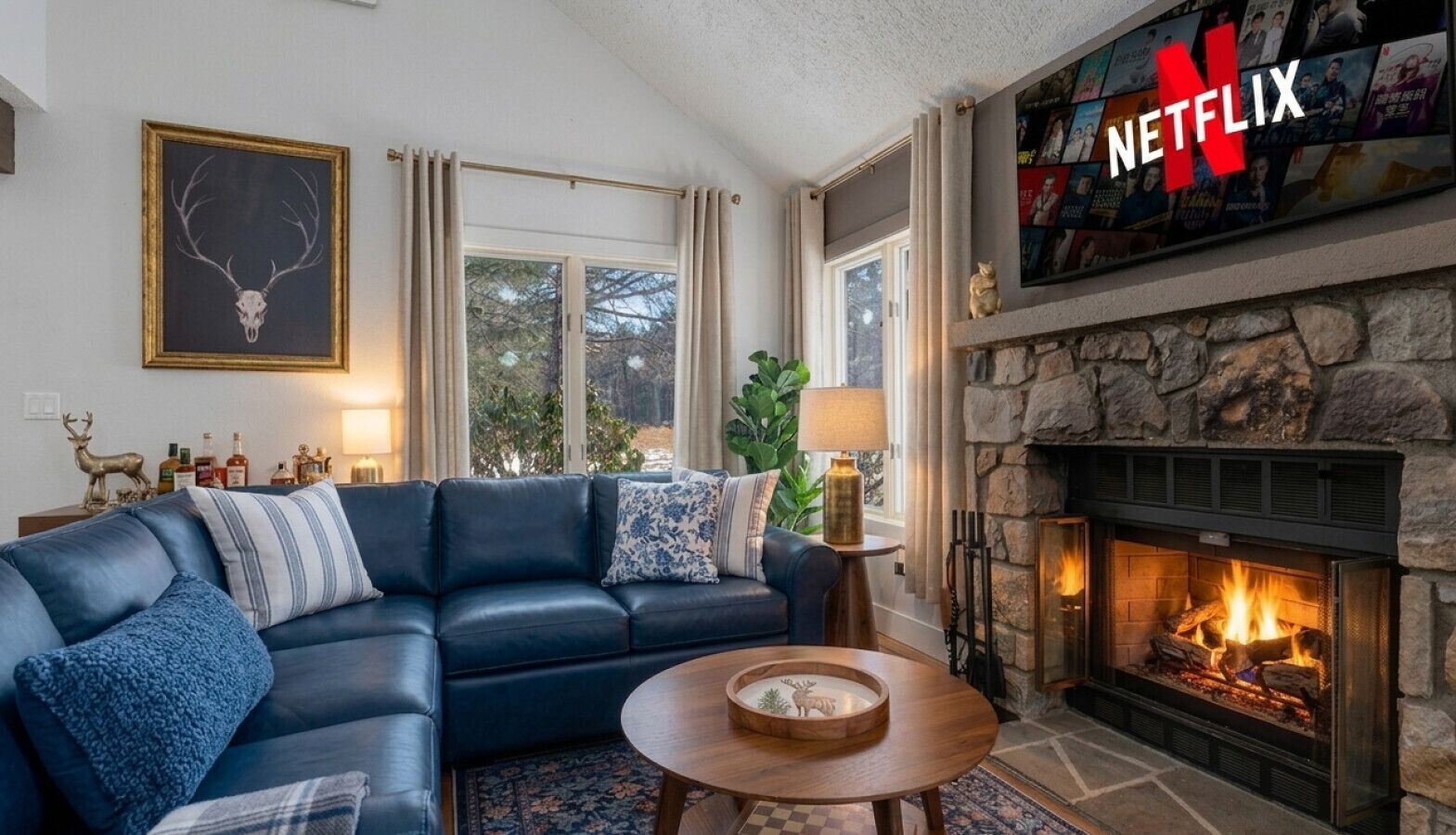 Cozy up by the fireplace, perfectly framed by the beautiful glass windows—bringing warmth and scenic views to the heart of the living room.