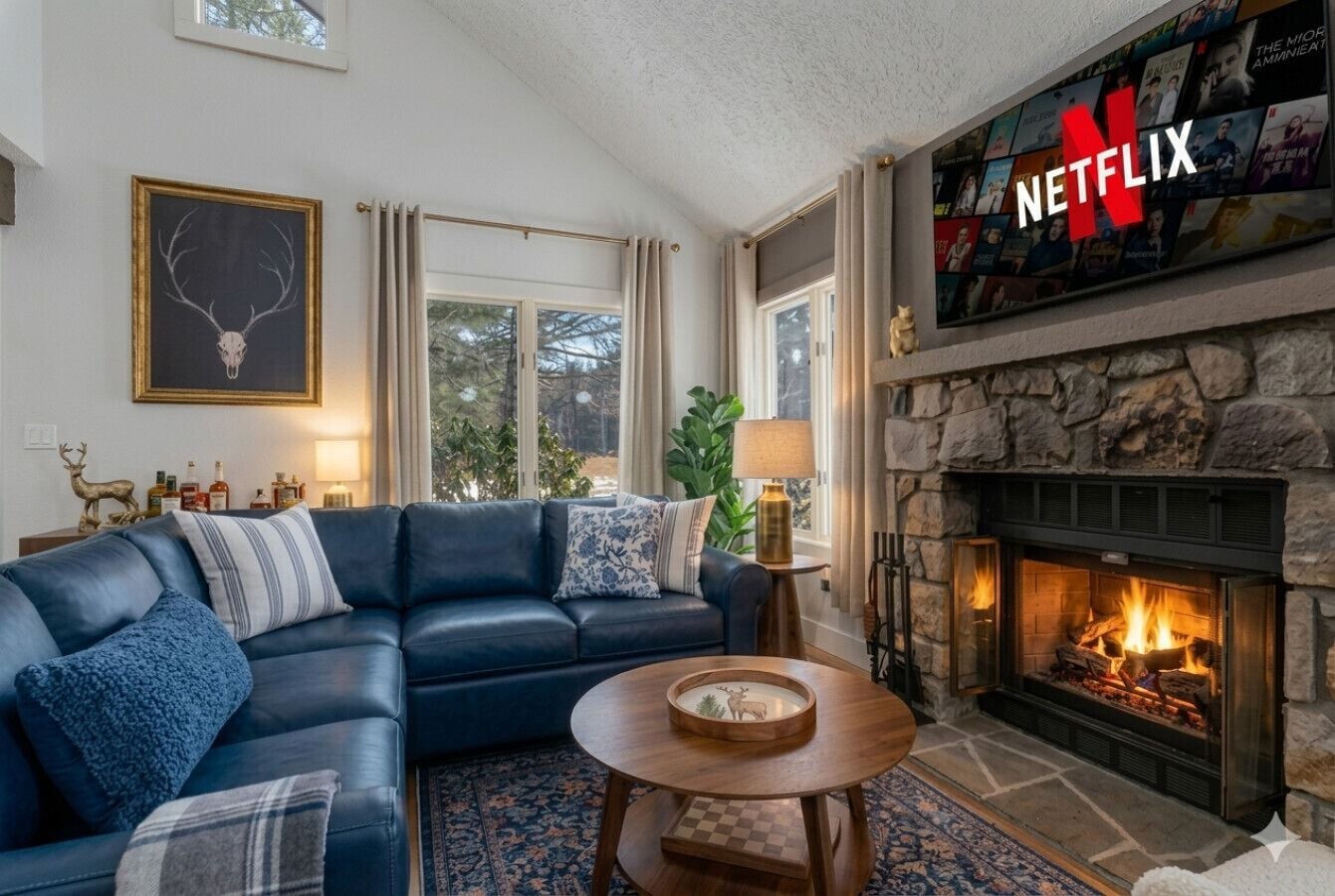 Een woonkamer met een stenen open haard, een blauwe leren bank en een Netflix-bordje.