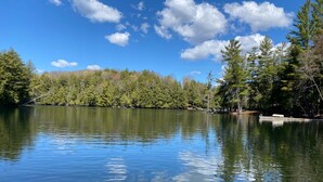 A calm lake with a dock, surrounded by dense trees and clear blue sky. - Pet Friendly Luxury Cottage (Dysart Et Al)