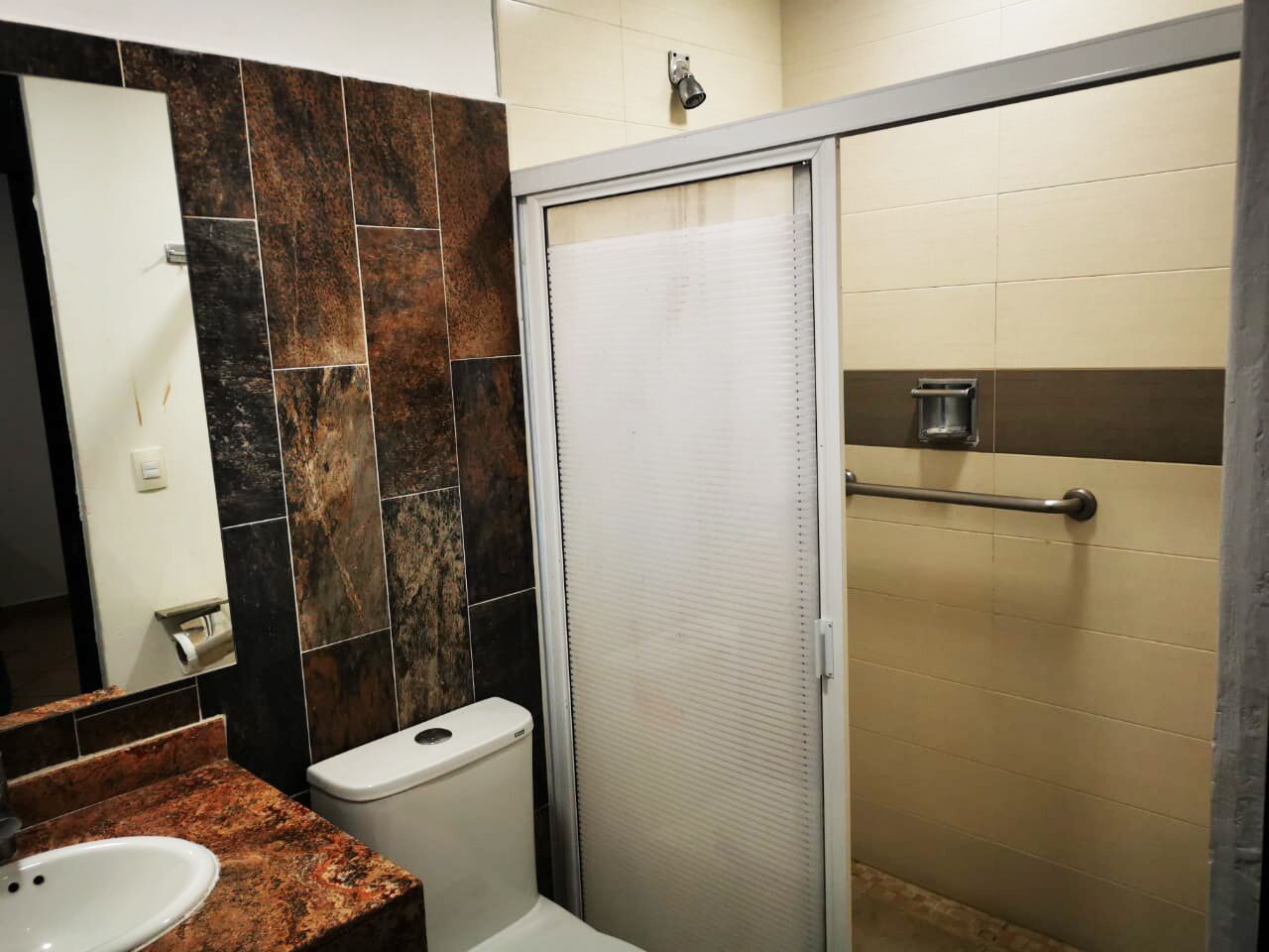 Baño con inodoro, lavamanos y zona de ducha.