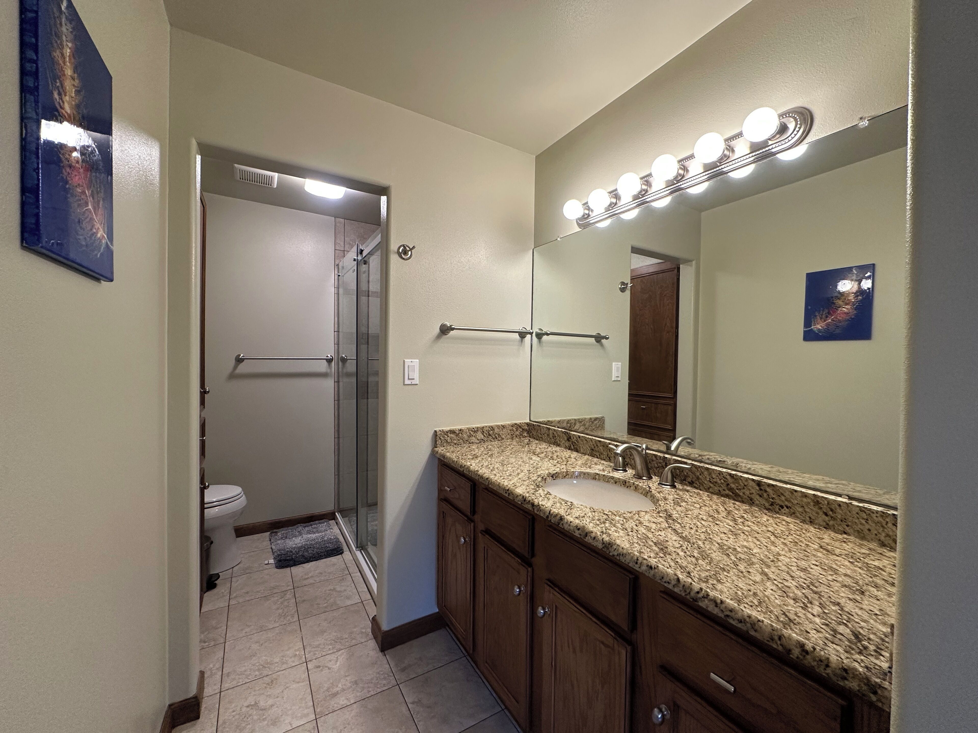 A bathroom with a vanity, sink, mirror, and shower.
