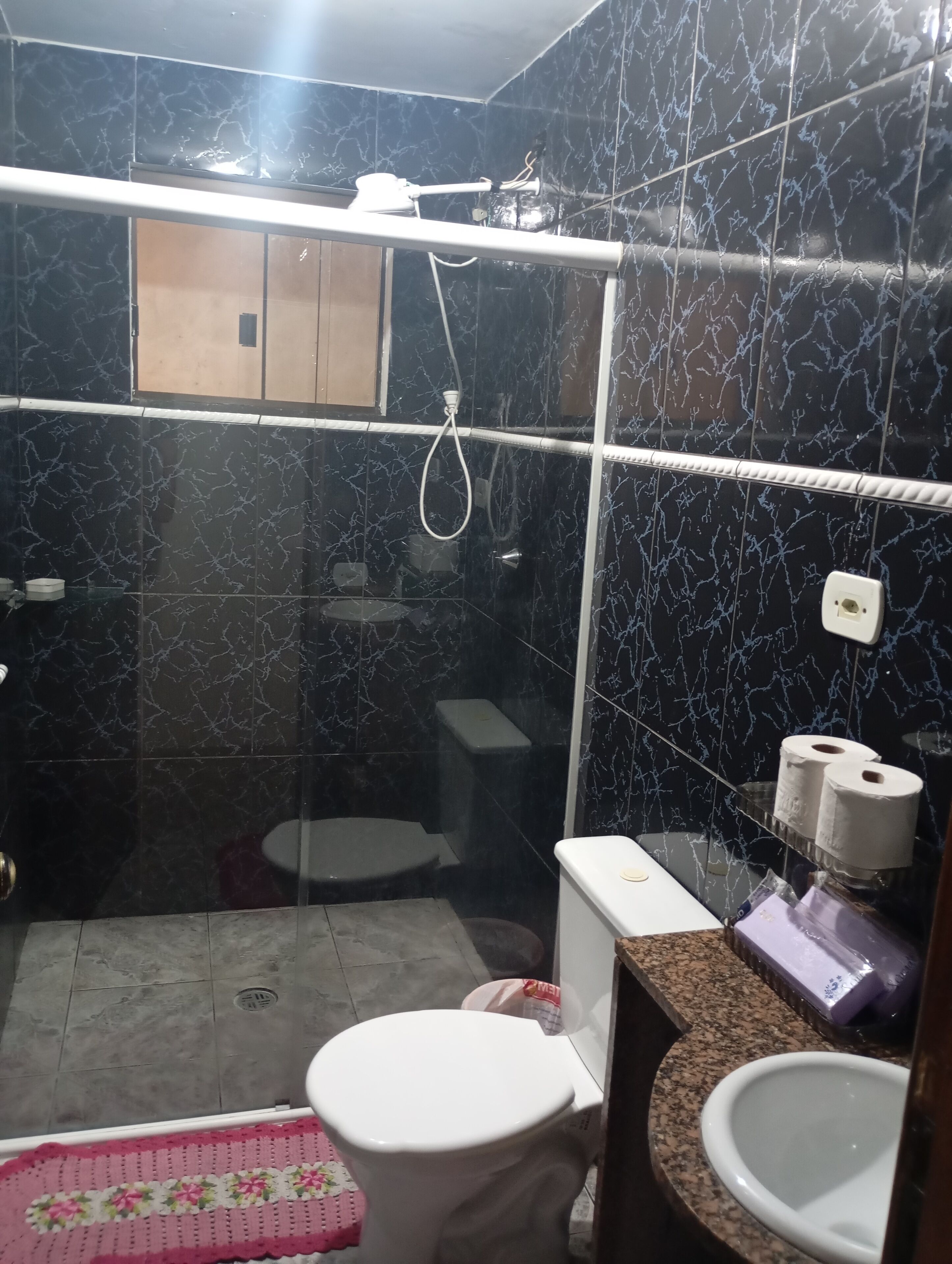 Toalhas de banho, sabonete, papel higiênico 