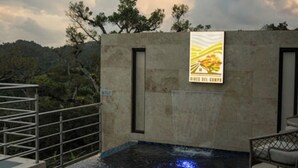 A rooftop pool with a view of the sky and trees.