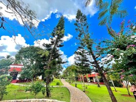 Un sendero que atraviesa un jardín con árboles altos y un edificio de techo rojo al fondo.