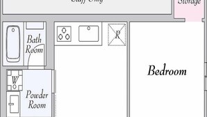 A hotel floor plan with a bedroom, powder room, bathroom, staff-only area, storage, and an entrance. - Heath Miyakojima (Miyakojima)