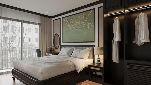A modern bedroom with a large bed, a nightstand, a dresser, and a view of the city through large windows. - Charming Moon Hotel (Hanoi)