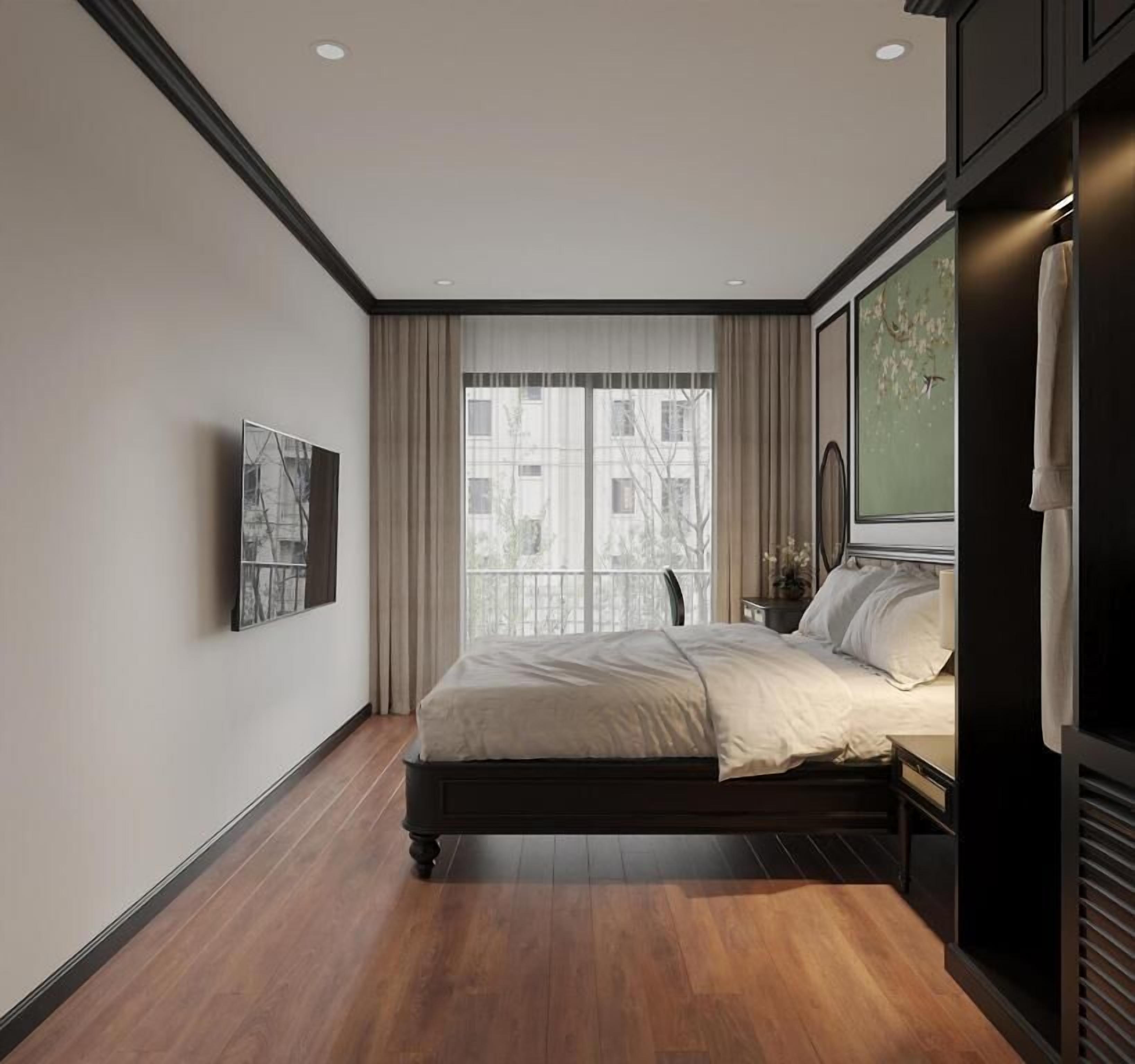 Laptop workspace, blackout curtains, soundproofing, iron/ironing board