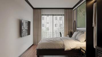 Laptop workspace, blackout curtains, soundproofing, iron/ironing board