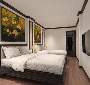 Family Quadruple Room, City View | Laptop workspace, blackout curtains, soundproofing, iron/ironing board - Charming Moon Hotel (Hoan Kiem)