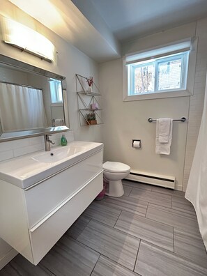 Hair dryer, towels, soap, toilet paper