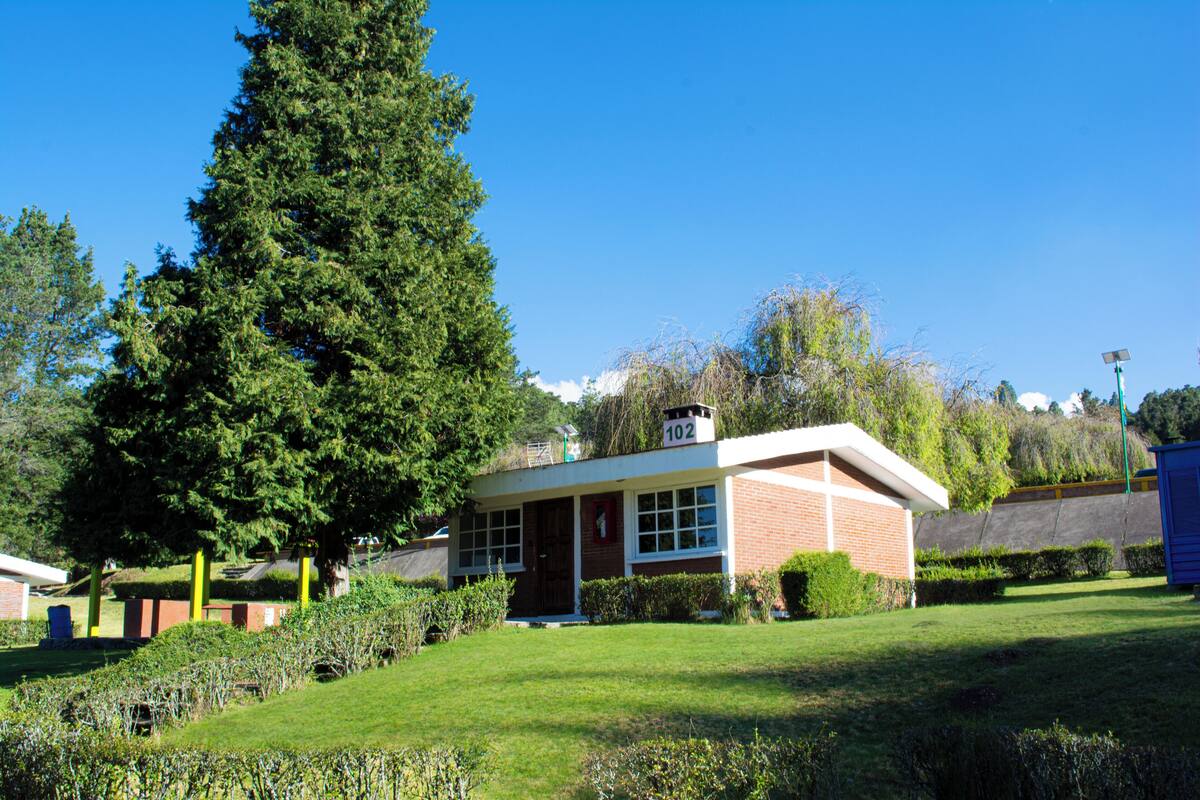 A small, single-story building with a brick facade and a flat roof, surrounded by well-maintained grass and shrubs.
