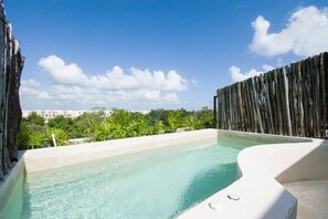 Une piscine à débordement située sur le toit, offrant une vue dégagée sur le ciel et la végétation environnante.